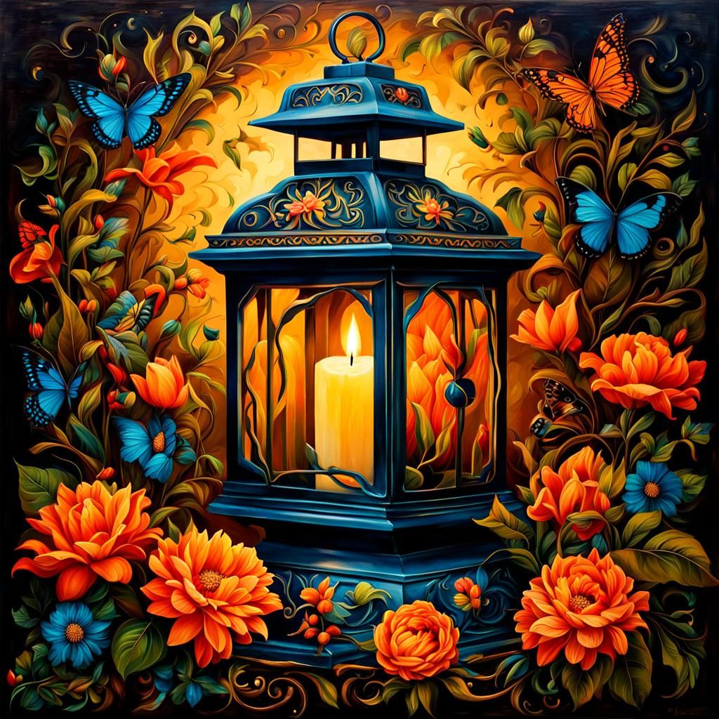 Glowing Vintage Candle Lantern Oil Painting