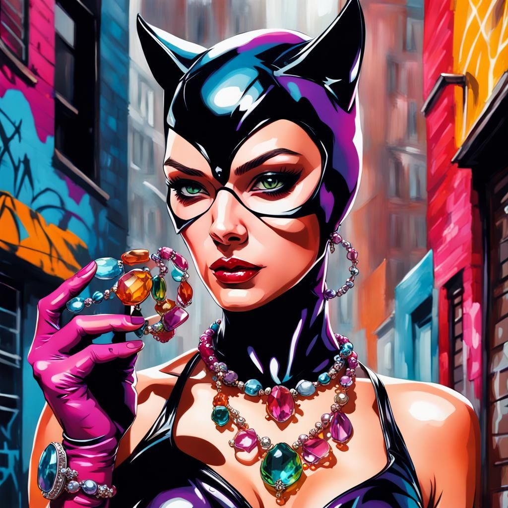 Catwoman Adorned with Jewels in Graffiti Art Style