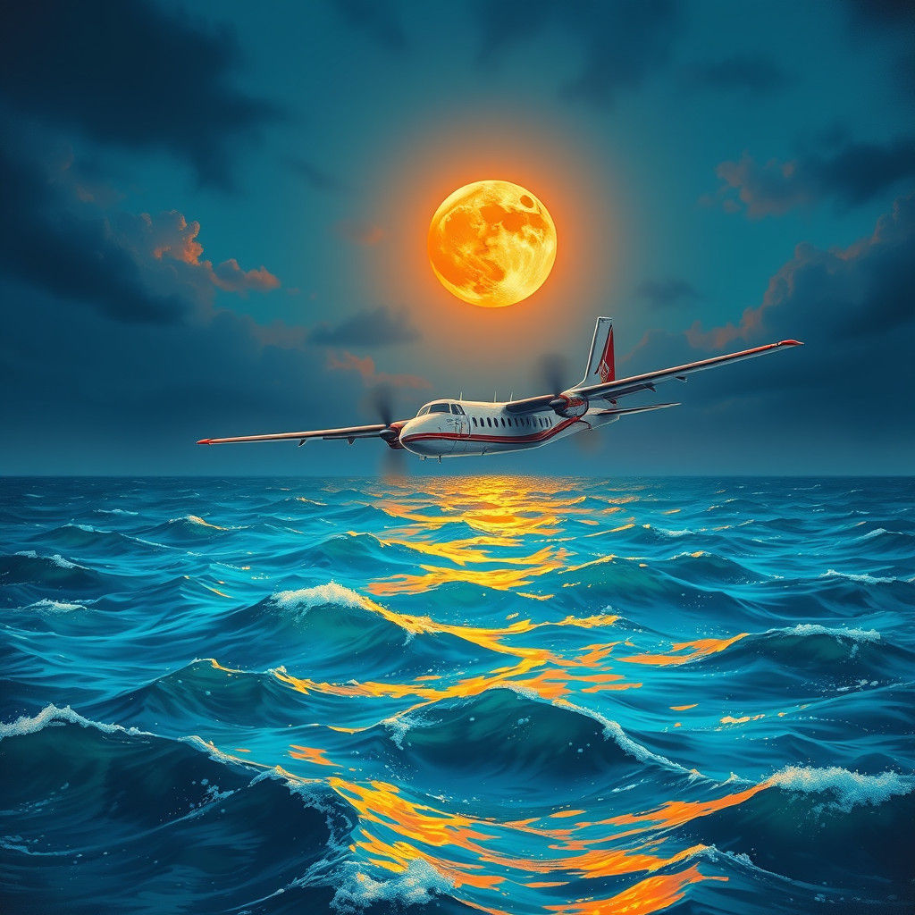 Tourist Plane Soaring Under Orange Moon in Impressionist Sty...