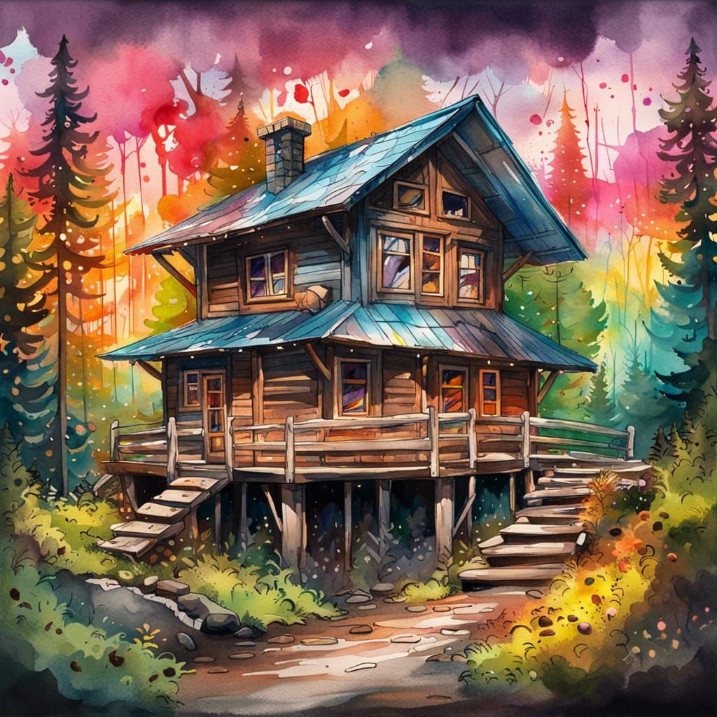 Colorful Mountain Lodge in Graffiti Watercolor Style