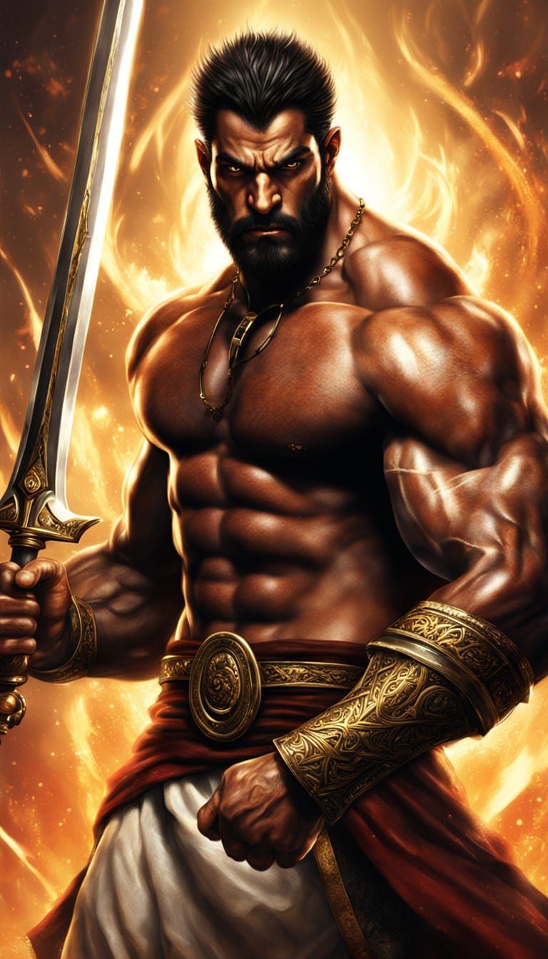 Tall, Muscular Djinn with Fiery Eyes and Glowing Sword