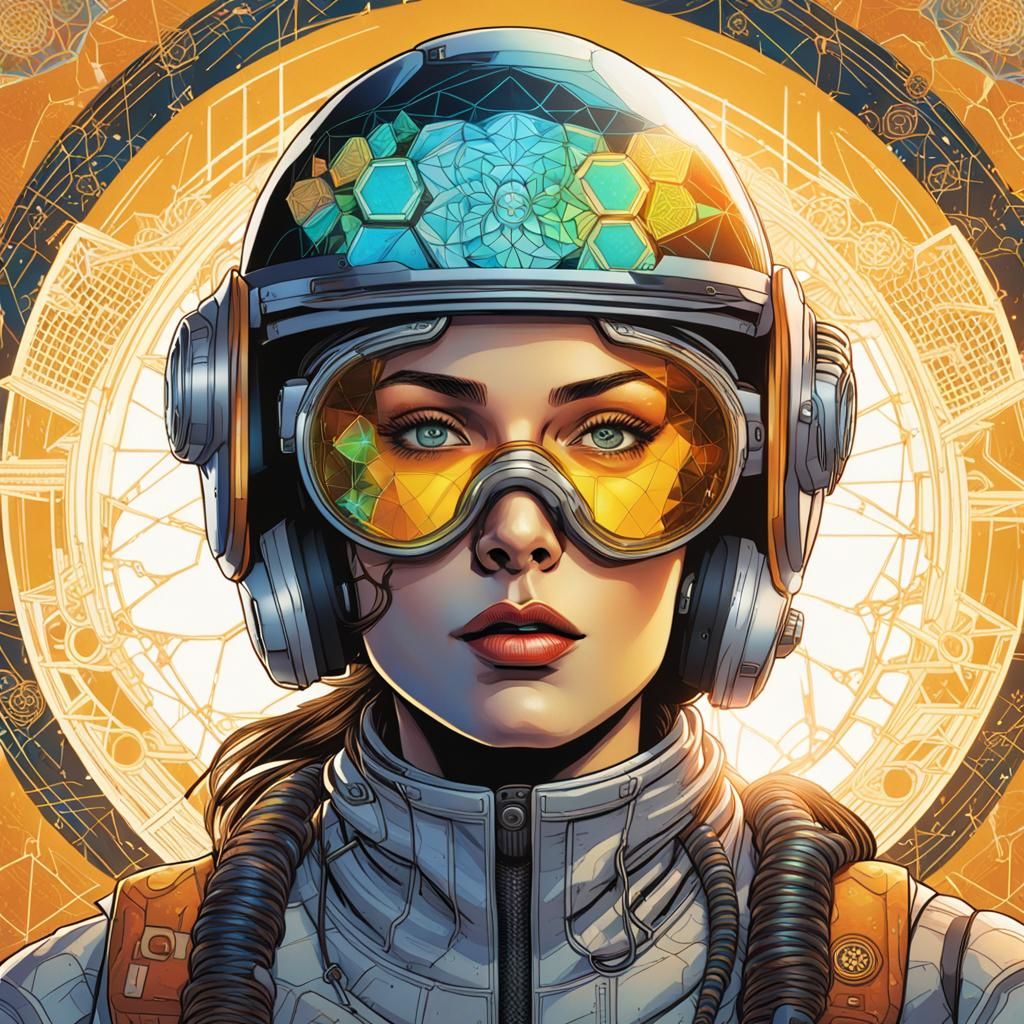 Woman in Space Helmet with Geometric Tattoos