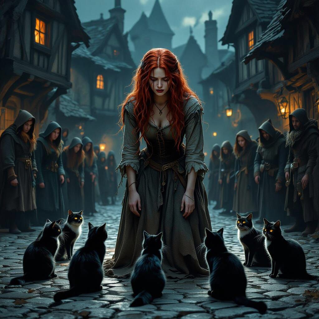 Medieval Woman Accused of Witchcraft Surrounded by Cats