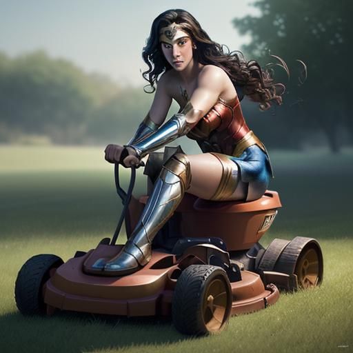 Wonder Woman Mowing Lawn: Hyperrealistic Splash Art