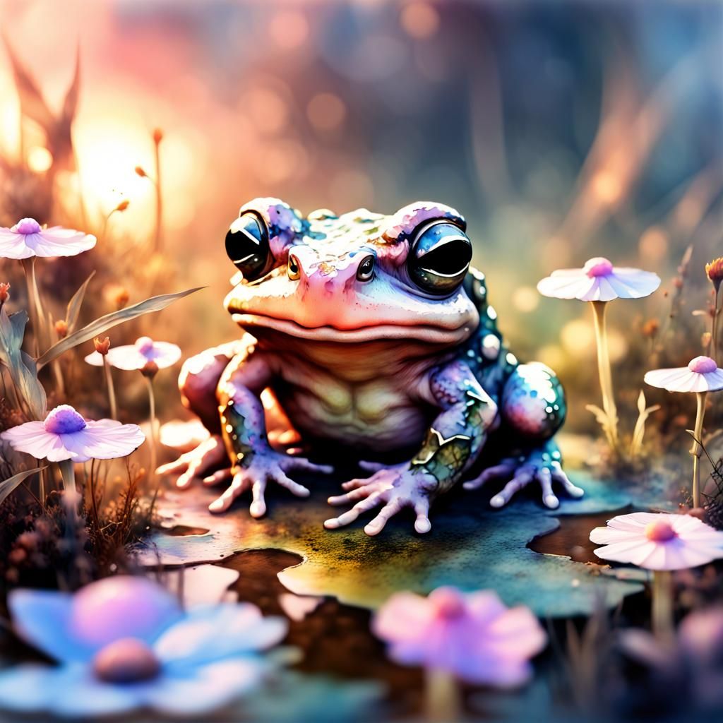 Chibi Toad in Watercolor Fantasy Landscape