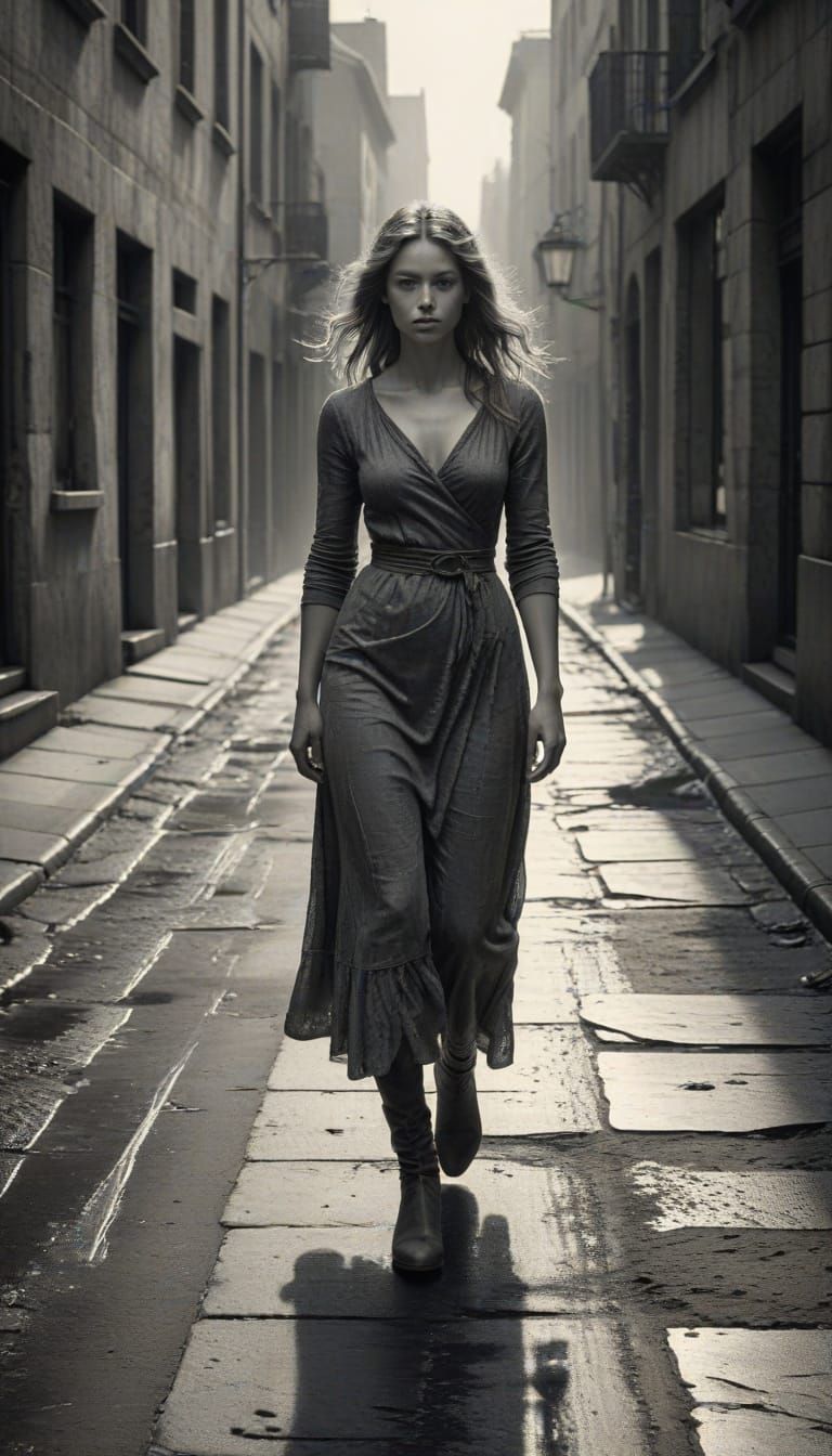 Woman Walking in Quiet Street: Charcoal Sketch