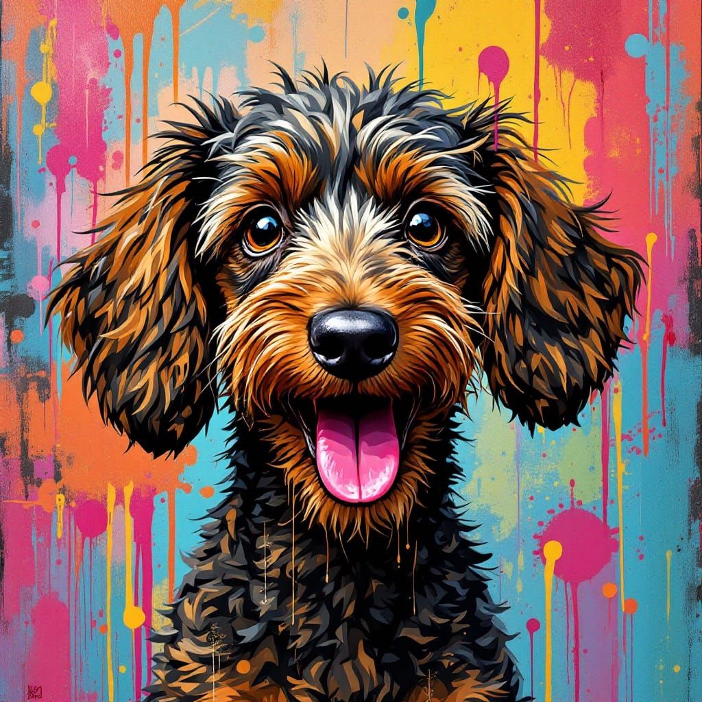Hungry Dachshund-Poodle Mix in Graffiti Street Art Style
