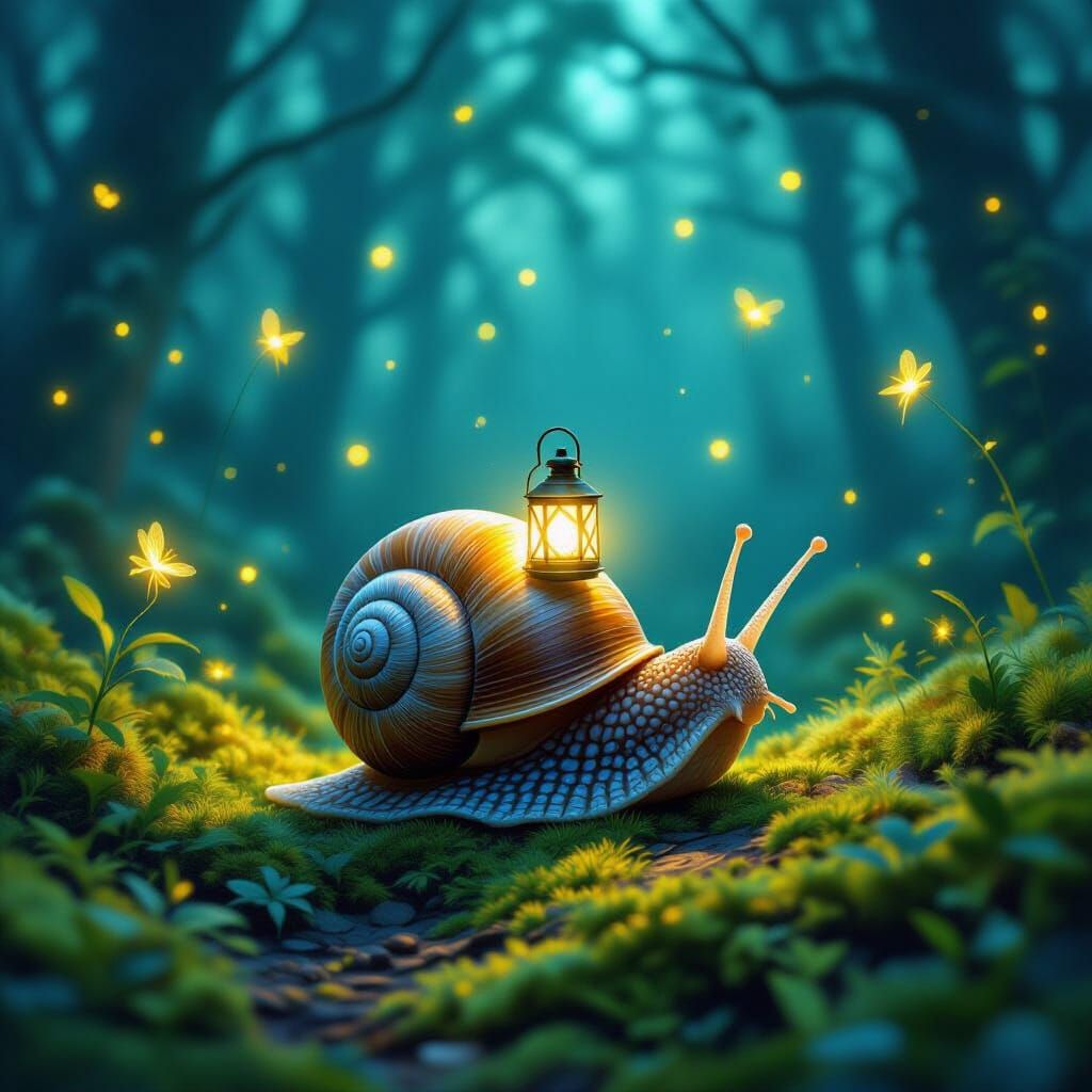 Snail with Lantern Crawling Through Magical Forest