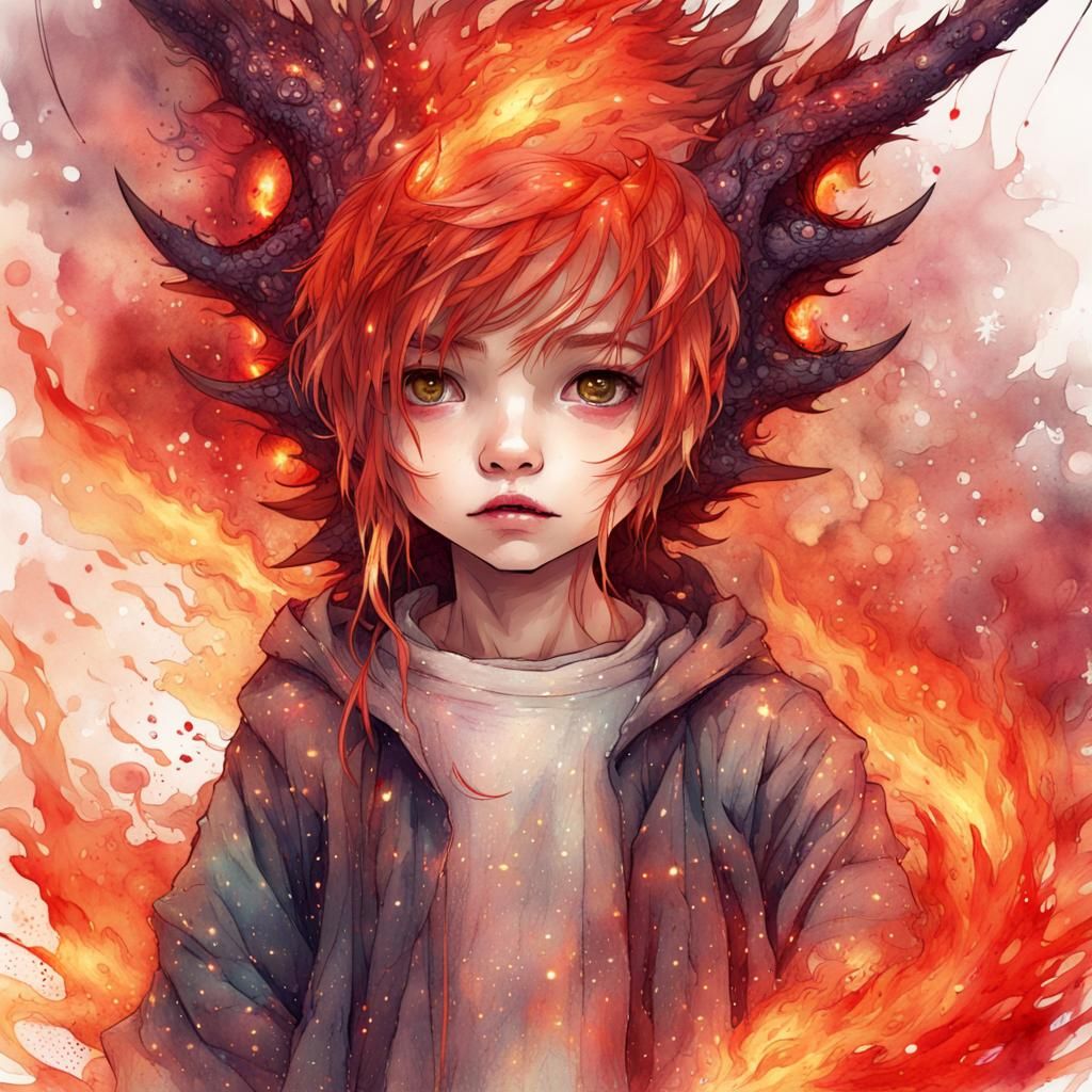 Cute Chibi Lava Dragon Digital Watercolor Art