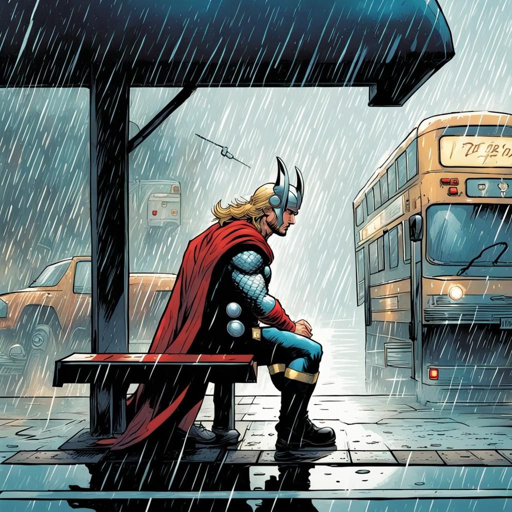 Thor waiting at a bus stop in the rain