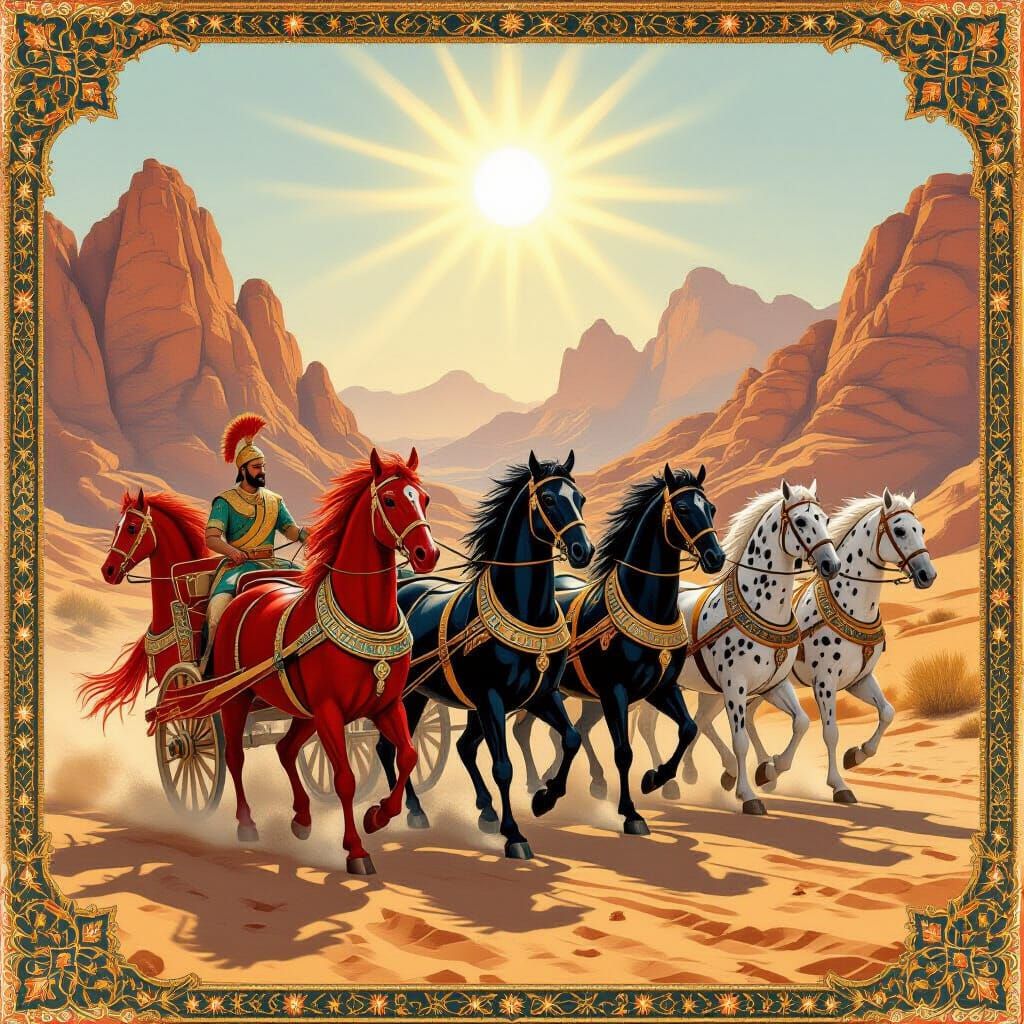 Four Chariots Pulled by Horses in Copper Mountains