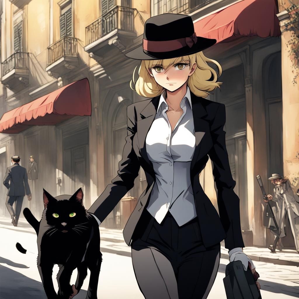 Anime Mafia Boss with Cat in Italy