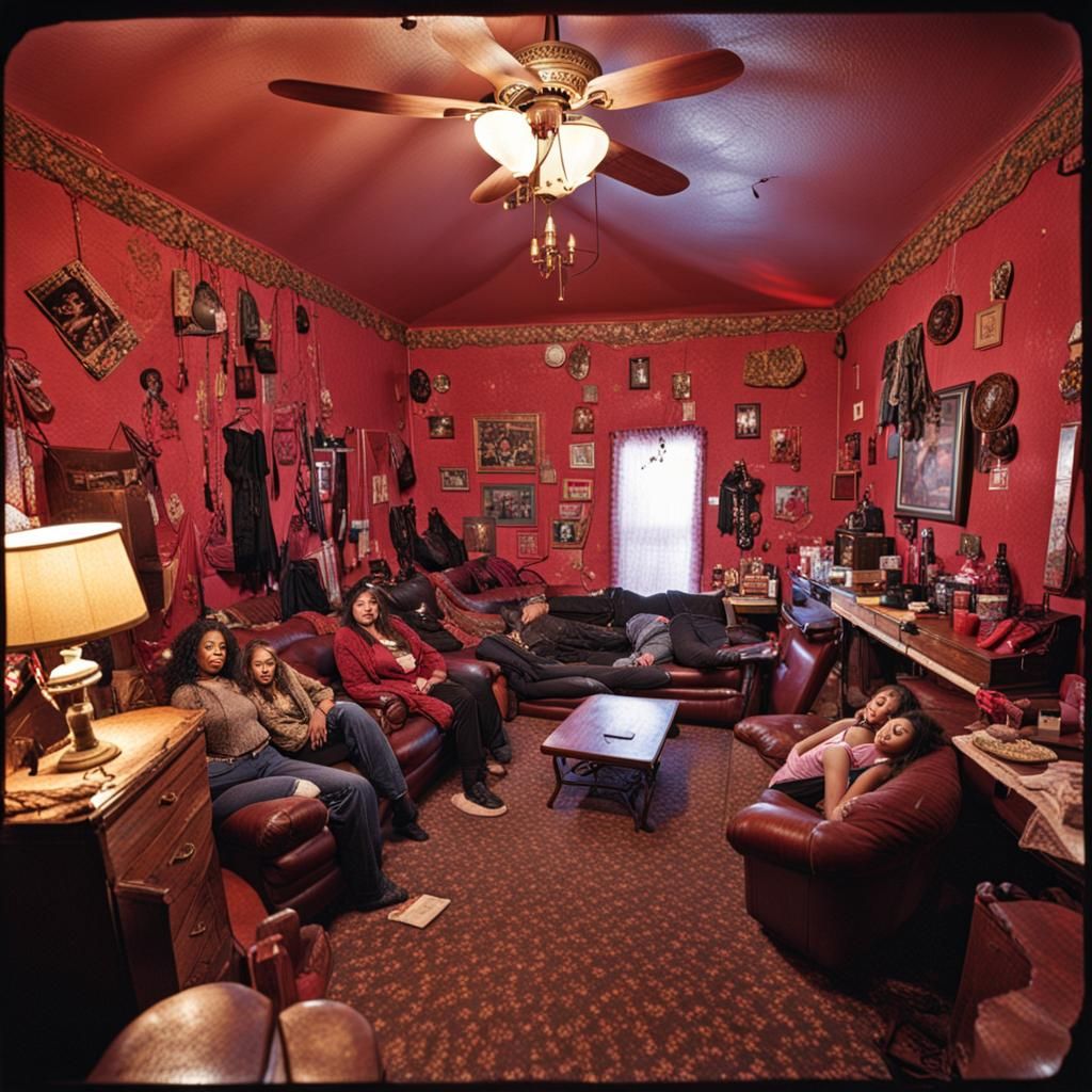 Inside of house of prostitution in Nevada. Prostitutes lounging around while customers view them