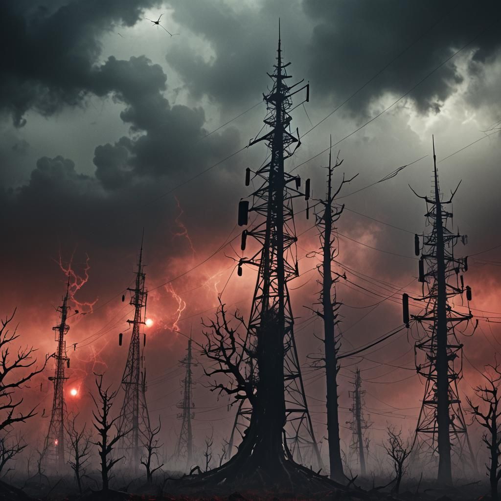 Eerie Radio Towers in Dark Gothic Digital Art