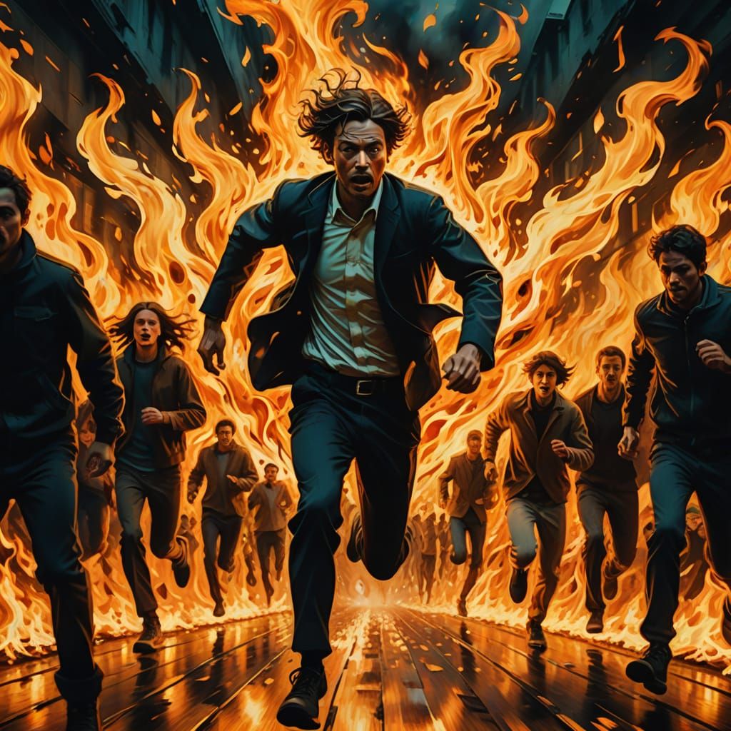Surreal Crowd Running from Ominous Flames