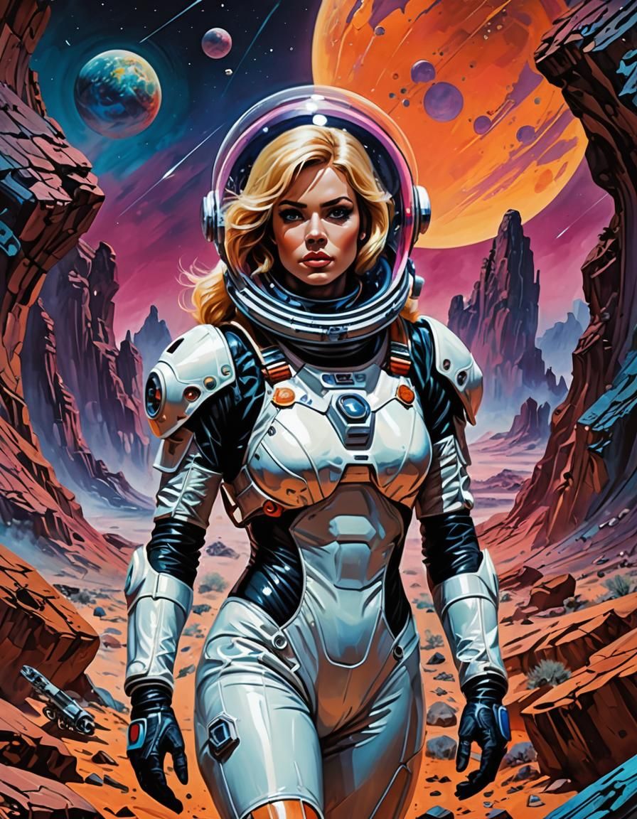 Astronaut Exploring Alien Planet in Retrofuturistic Sci-Fi S...