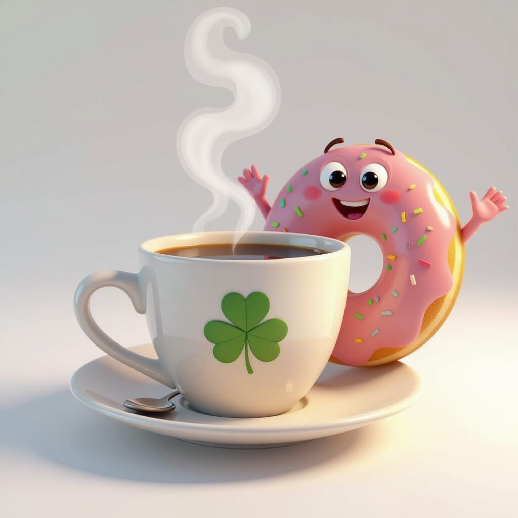 Smiling Donut Greets Coffee Cup in Pixar Style