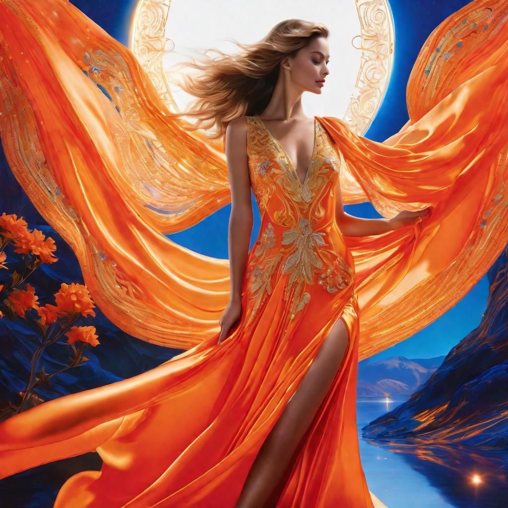 Woman in Sapphire Silk and Orange Breeze