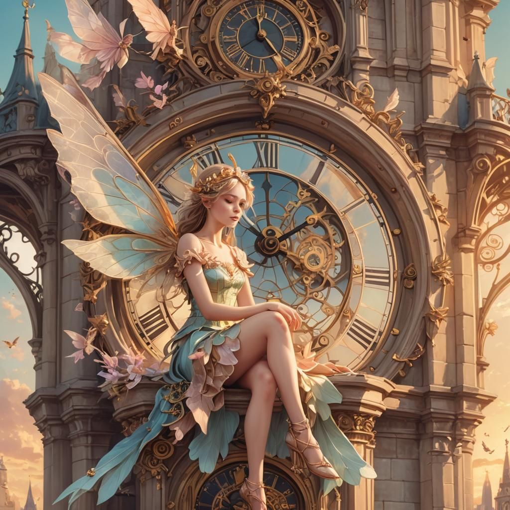Fairy on London Clock Tower: Whimsical Illustration