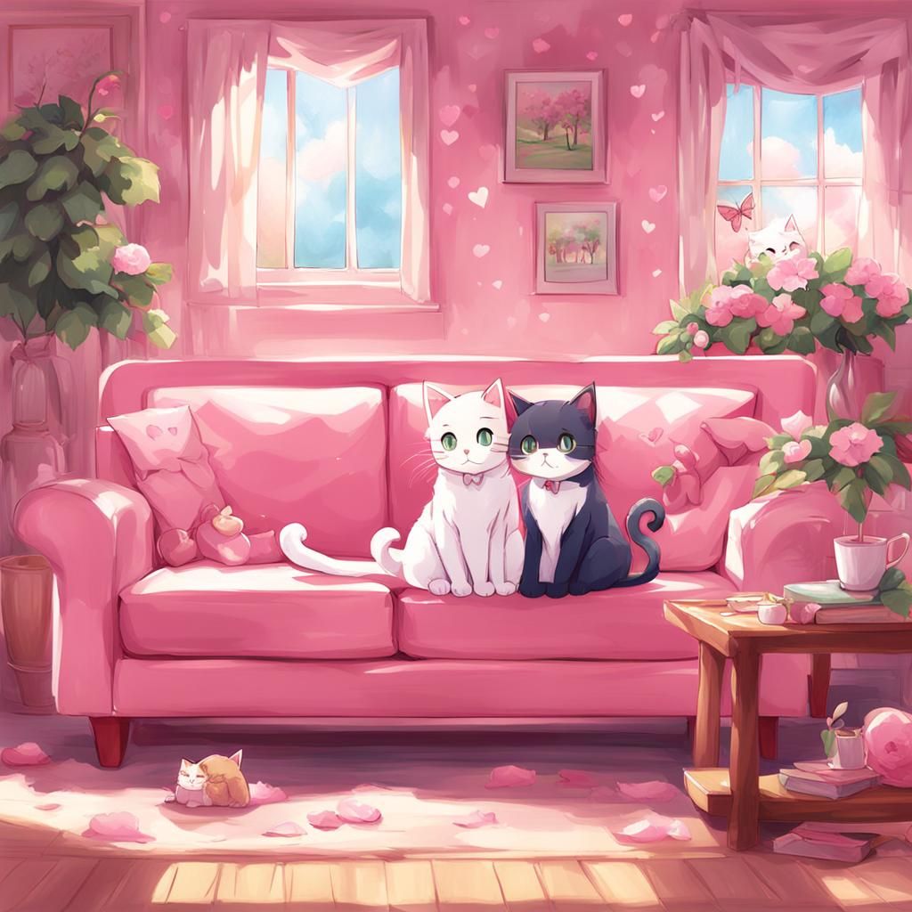 Cute Cats on Pink Couch in Anime Style