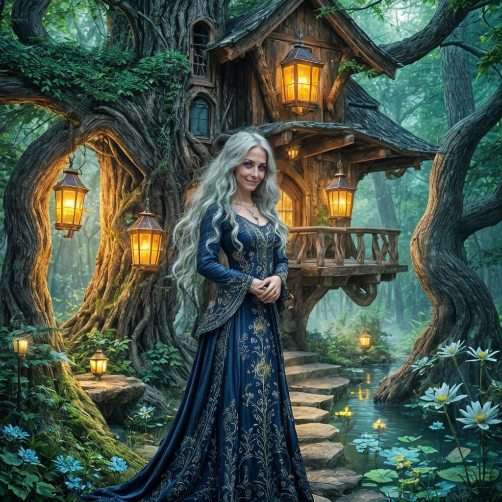 Ethereal Fantasy Woman in a Magical Treehouse