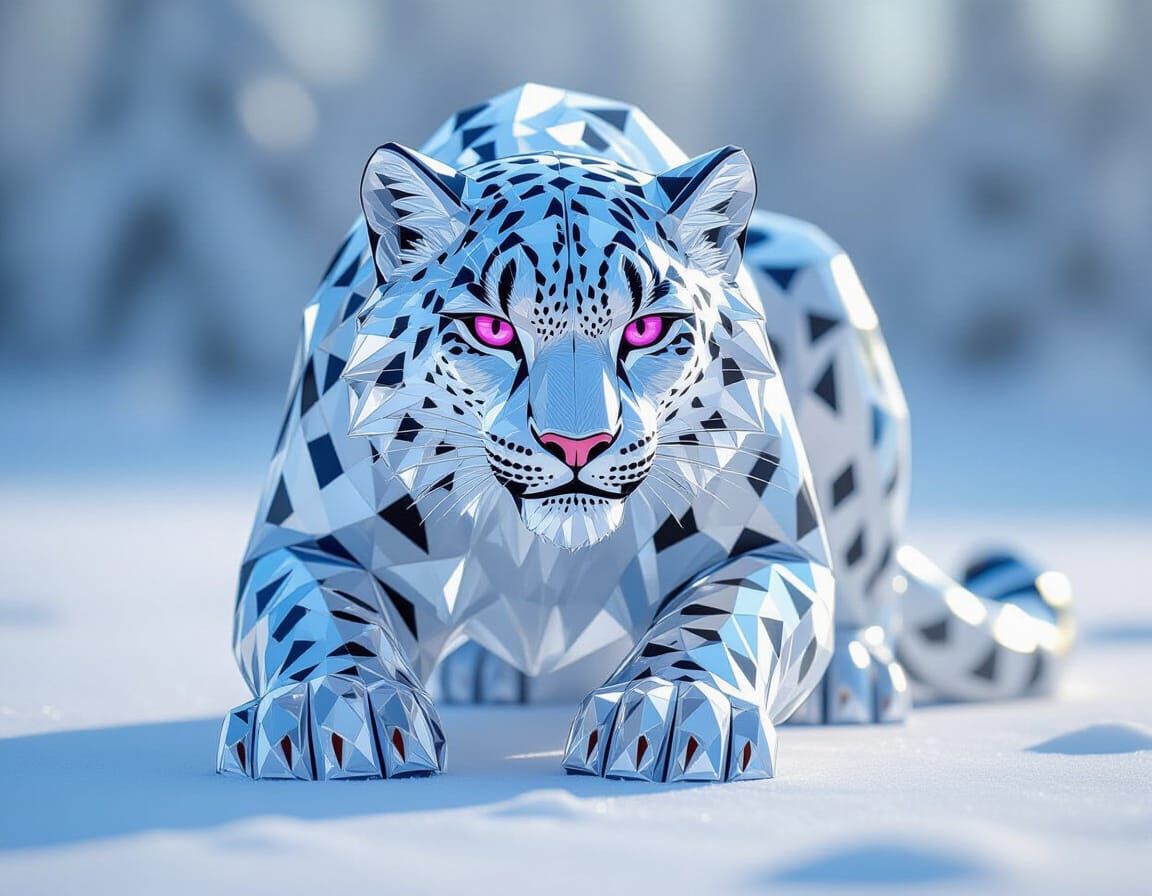 Faceted Crystal Snow Leopard Sculpture in Photorealistic Sty...