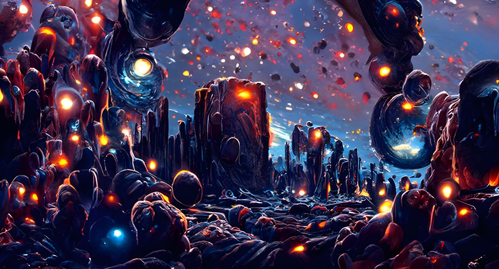 View of a stormy planet's asteroid belt, made of billions of rocks coated in ice and dust, by Dan Mumford