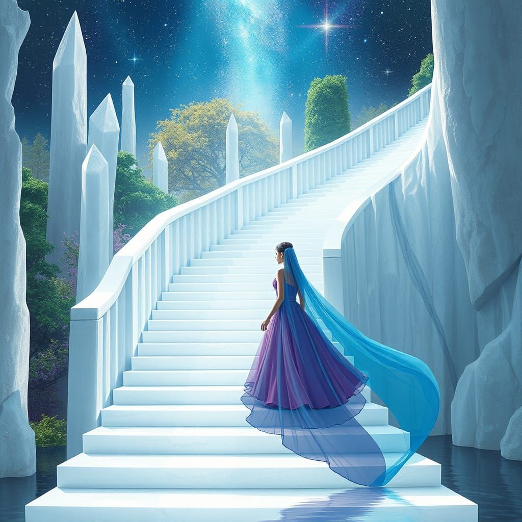 Crystal Staircase to Garden: Holographic Astral Illustration