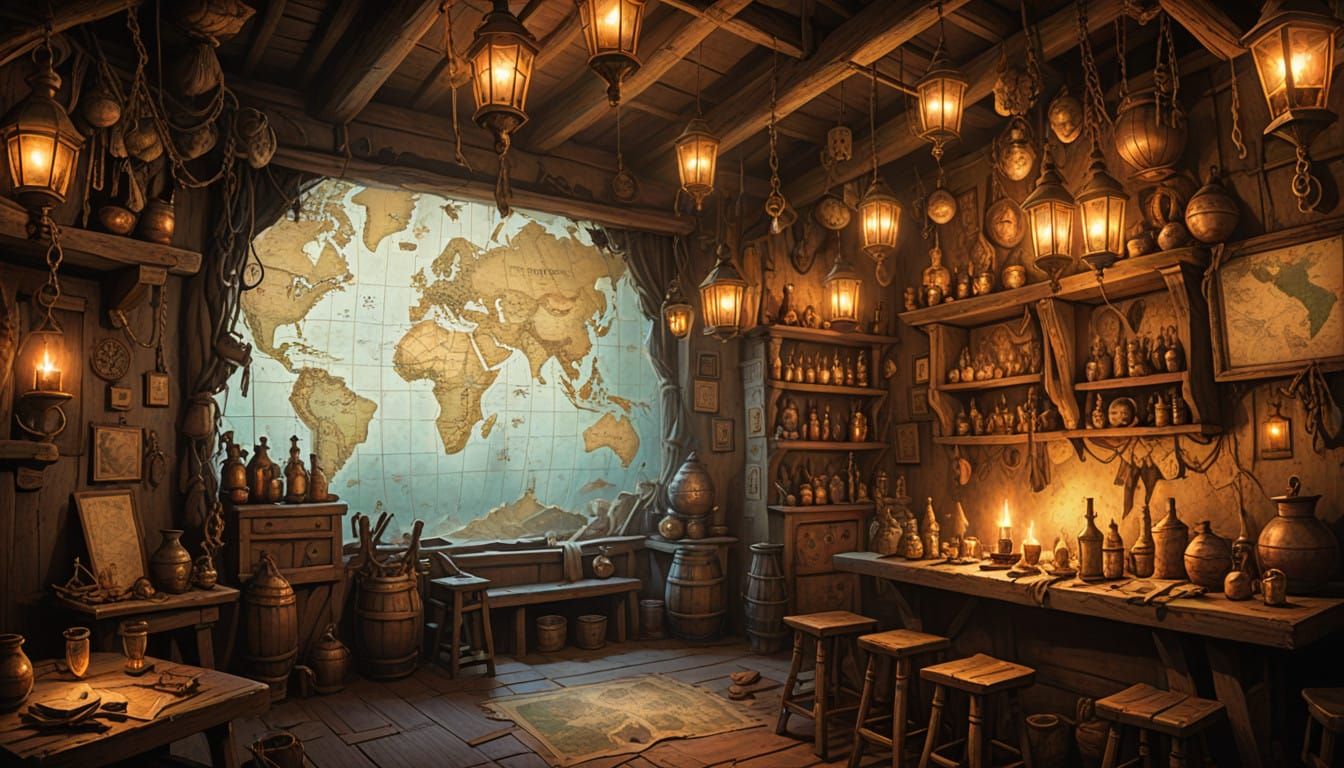 17th Century Pirate Tavern in a Mysterious, Cinematic Style