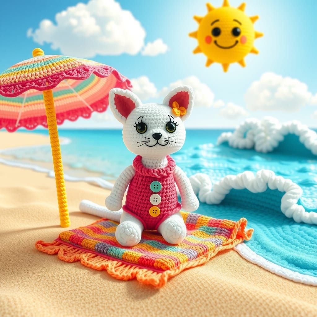 Vibrant 3D Render of Crocheted Cat in Beach Scene