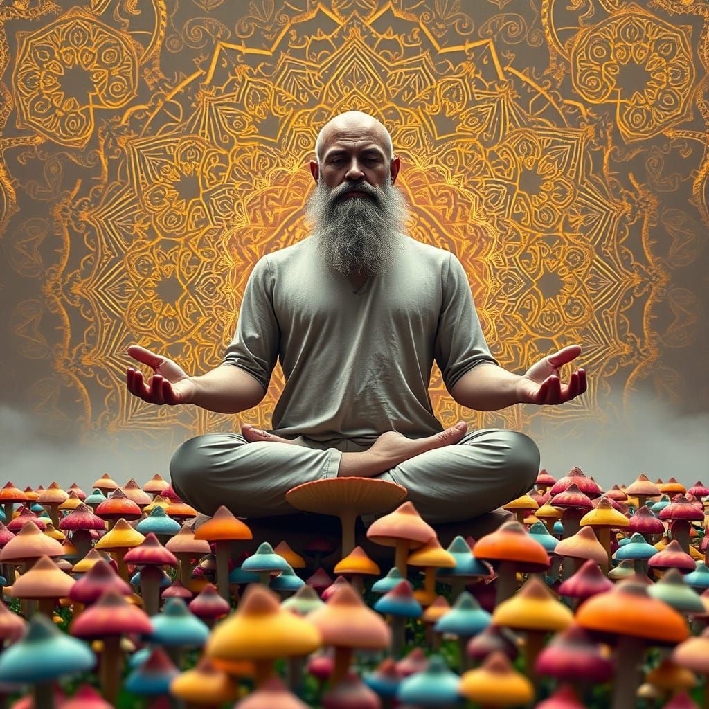 Bald Sage in Vibrant Mushroom Field