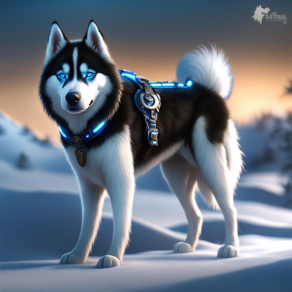Siberian Husky with Glowing Collar in Detailed Painting