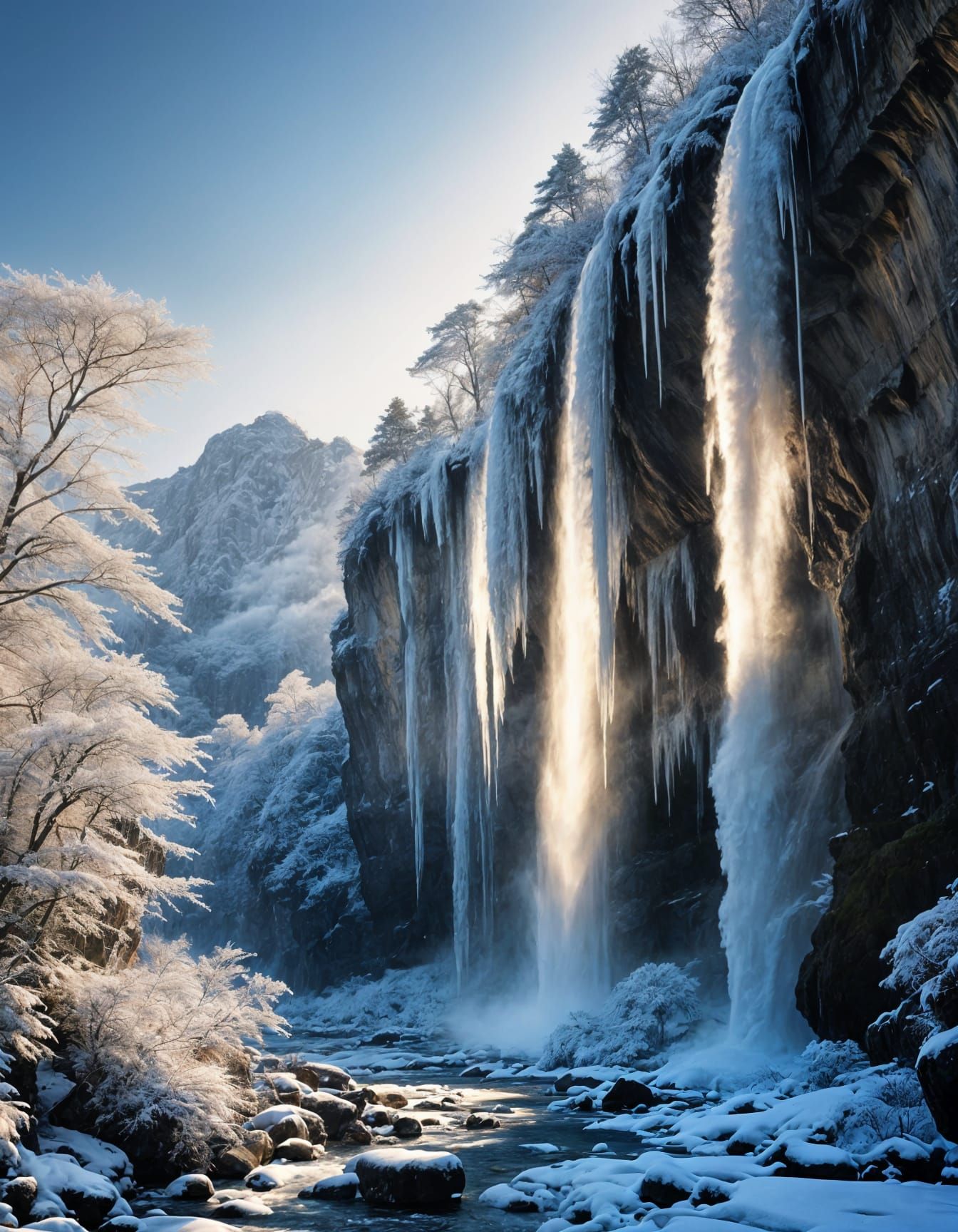 Frozen Waterfall in Winter Light