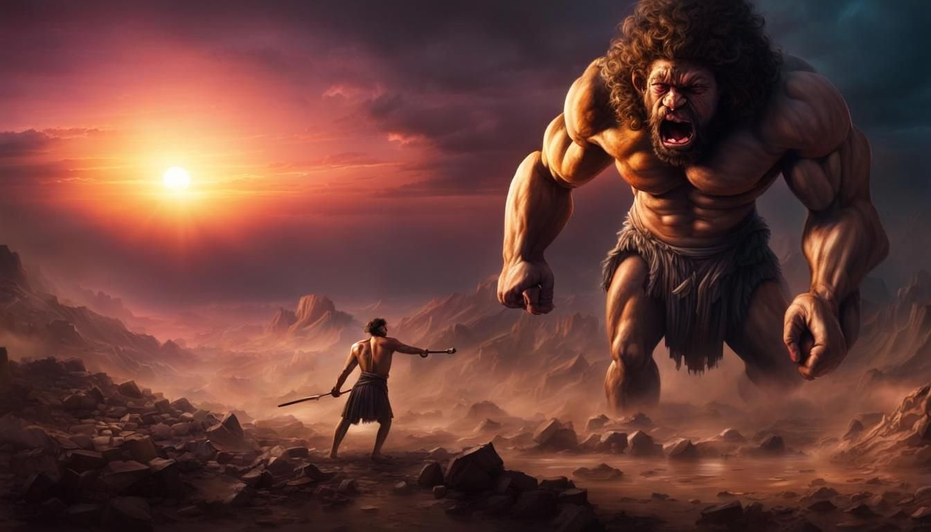 David and Goliath Epic Battle at Sunset