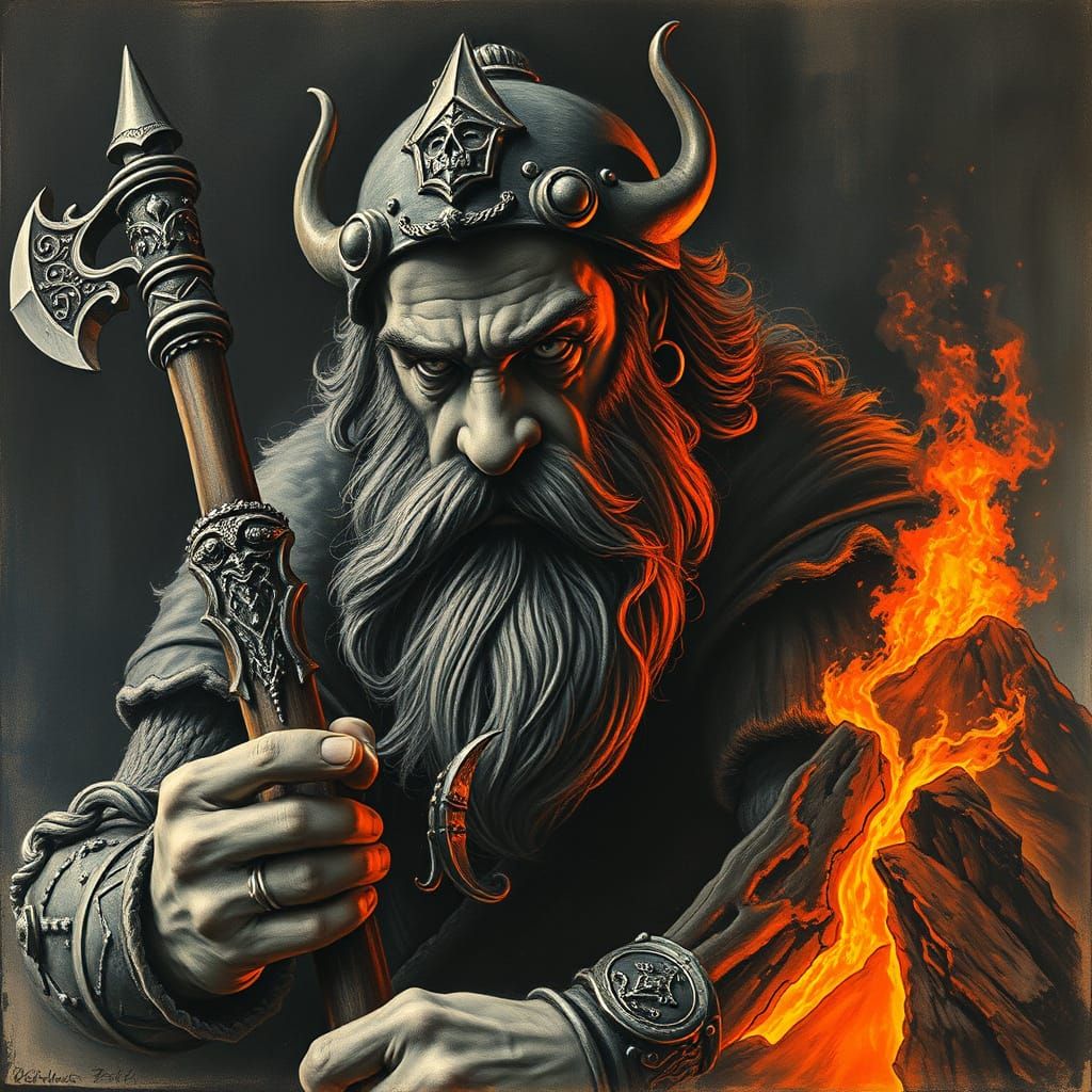 Dwarven Metalworker in Charcoal Art Nouveau Style