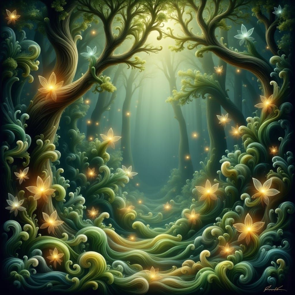 Enchanted Forest with Fireflies in Fairy Tale Style