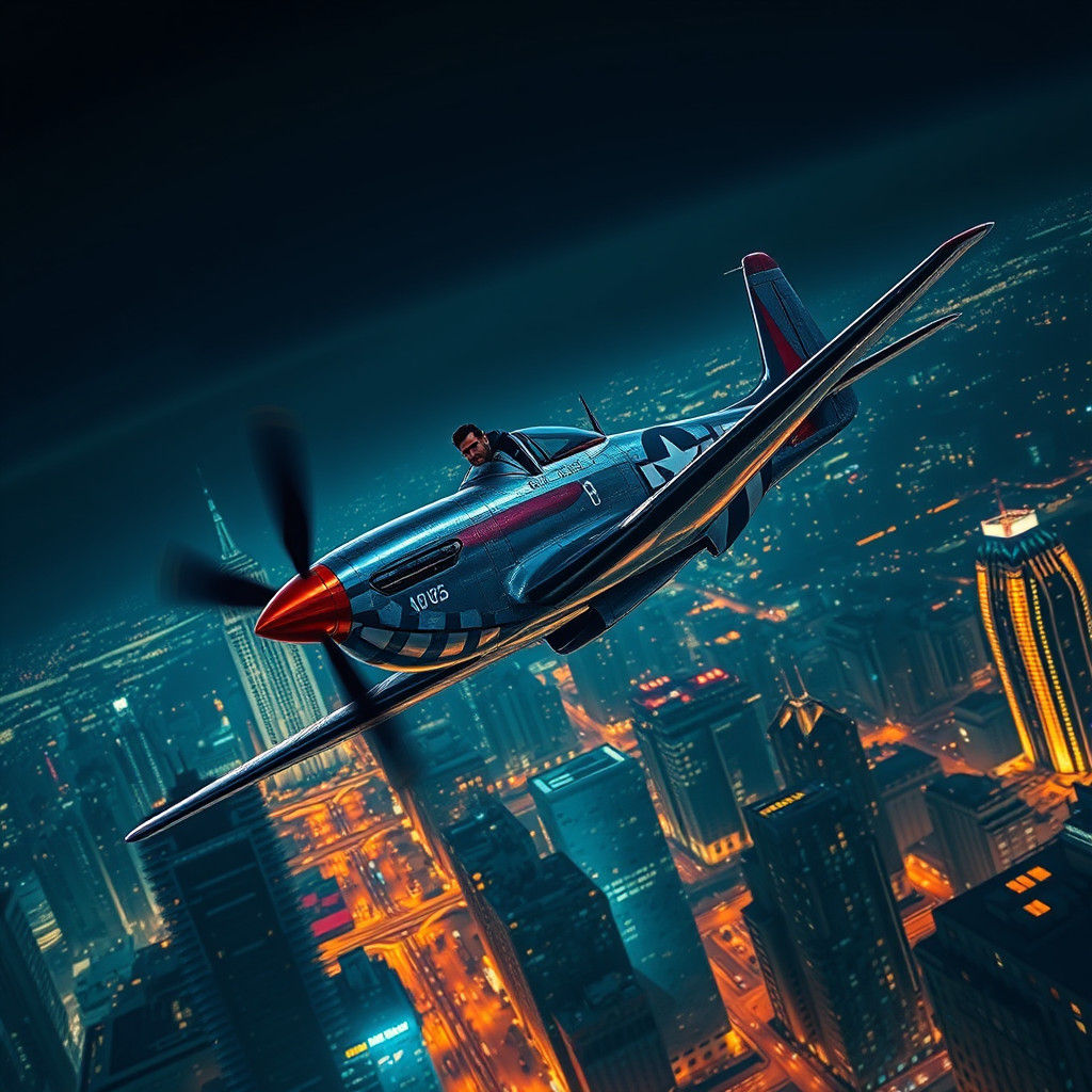 Mustang Fighter Jet Soaring Over Neon Cityscape