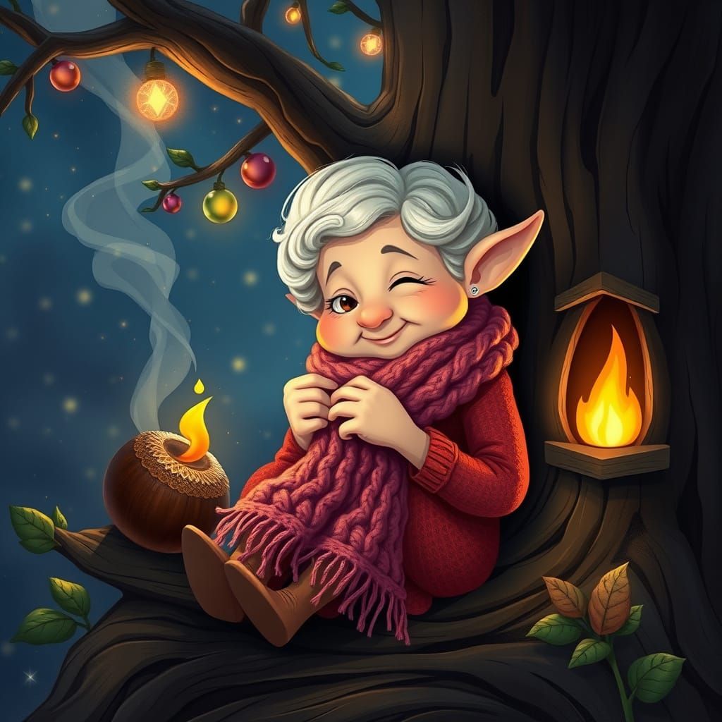 Enchanting Granny Fairy Knits in Magical Treehouse at Night