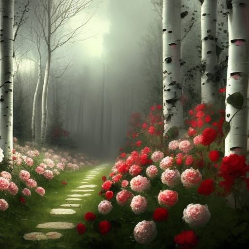 Gothic Rose Garden in Crimson Forest: Digital Art