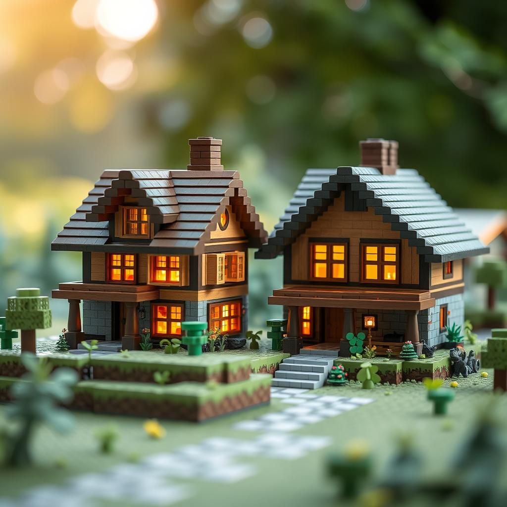Minecraft Houses Connected: Professional Photography Style
