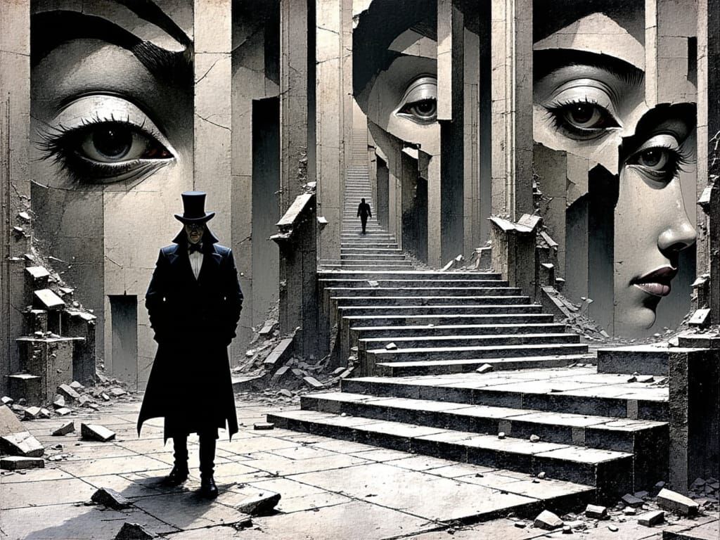 Escher-Inspired Uncle Sam Descends Dystopian Staircase