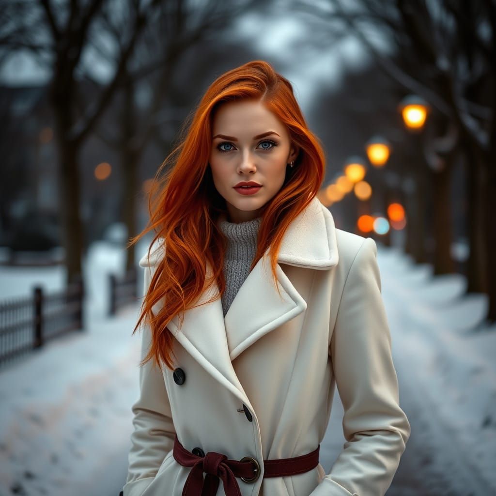 Dazzling Redhead Woman Strides Confidently in Snowy City Par...