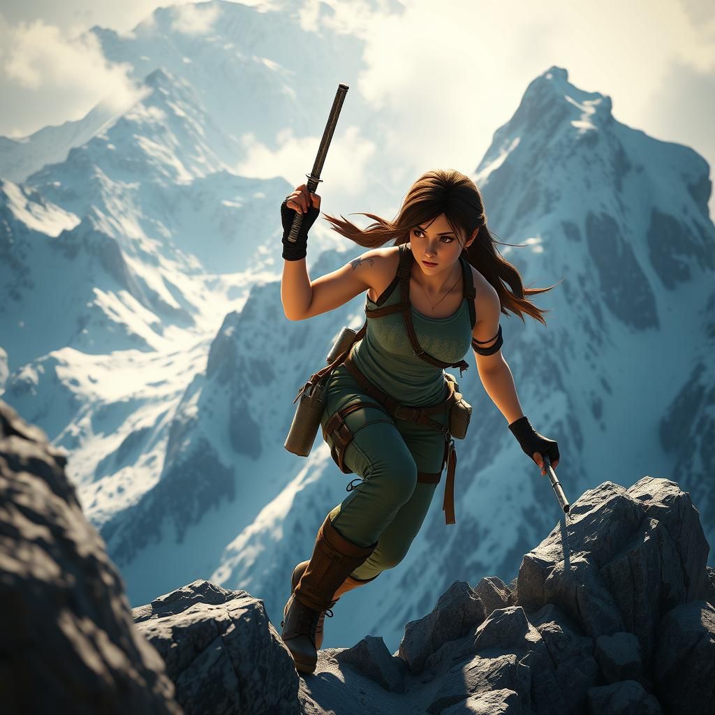 Lara Croft Climbs a Snowy Mountain in 3D Anime Style