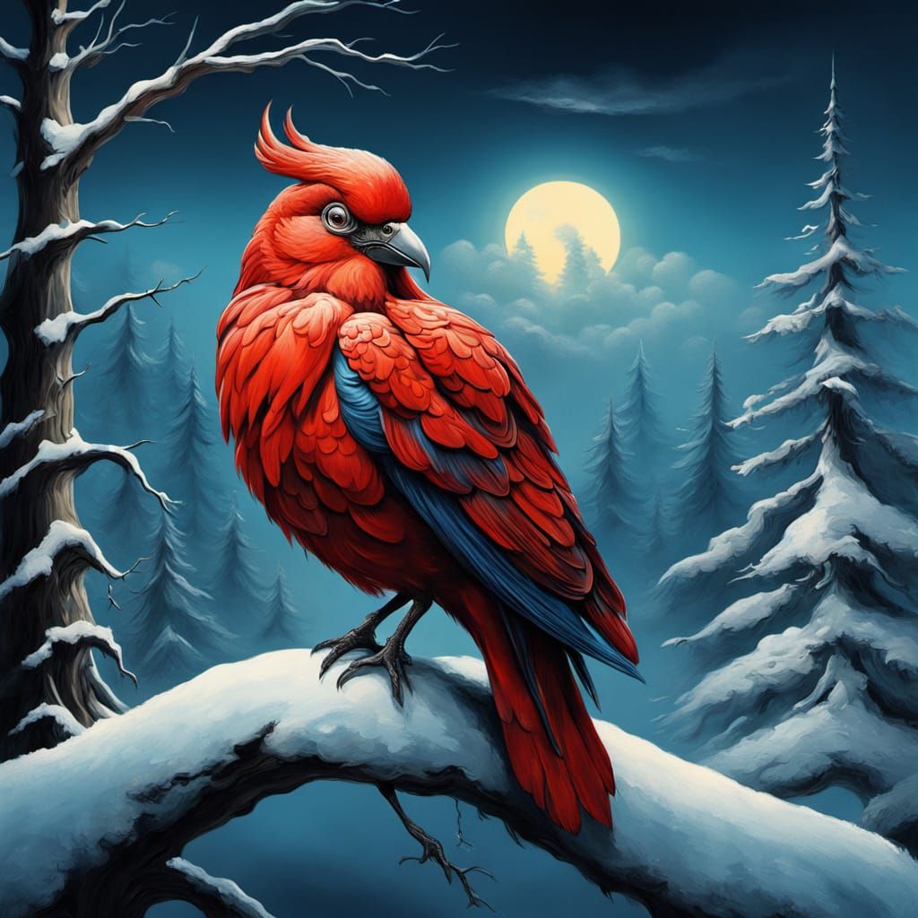 Surrealistic Winter Scene with a Majestic Red Bird