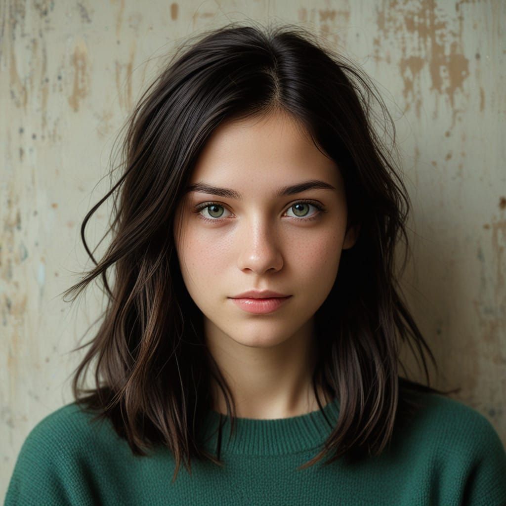Young Woman in Dark Green Tee and Long Black Stockings, Athl...
