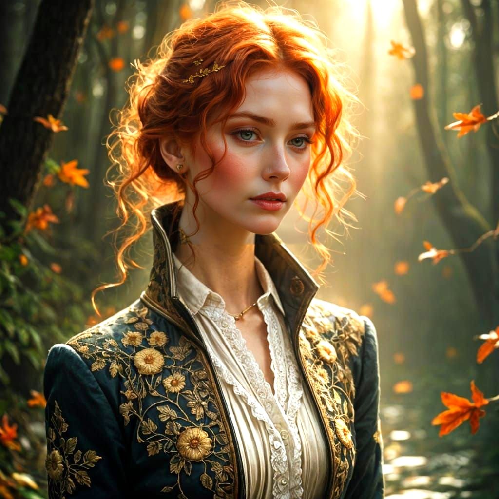 Red-Haired Woman in Victorian Coat Amidst Ethereal Golden Li...