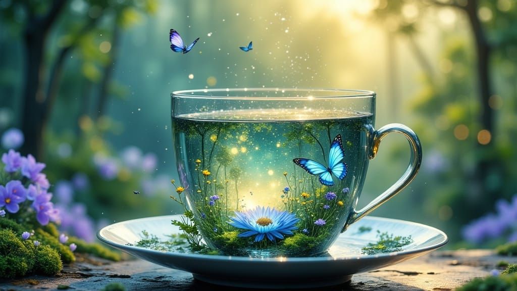 Magical Teacup Garden with Butterflies in Ethereal Light