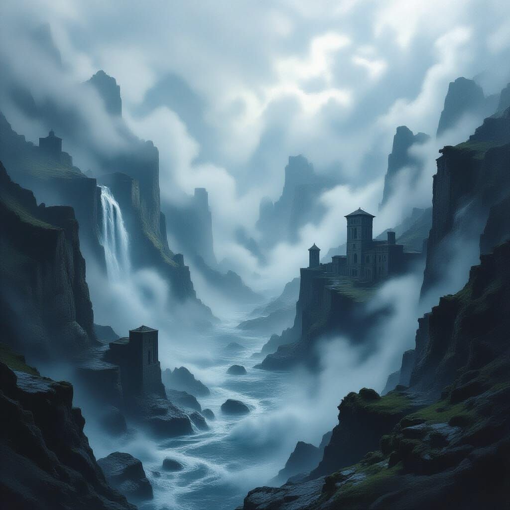 Misty Island of Crashing Waves and Ancient Ruins