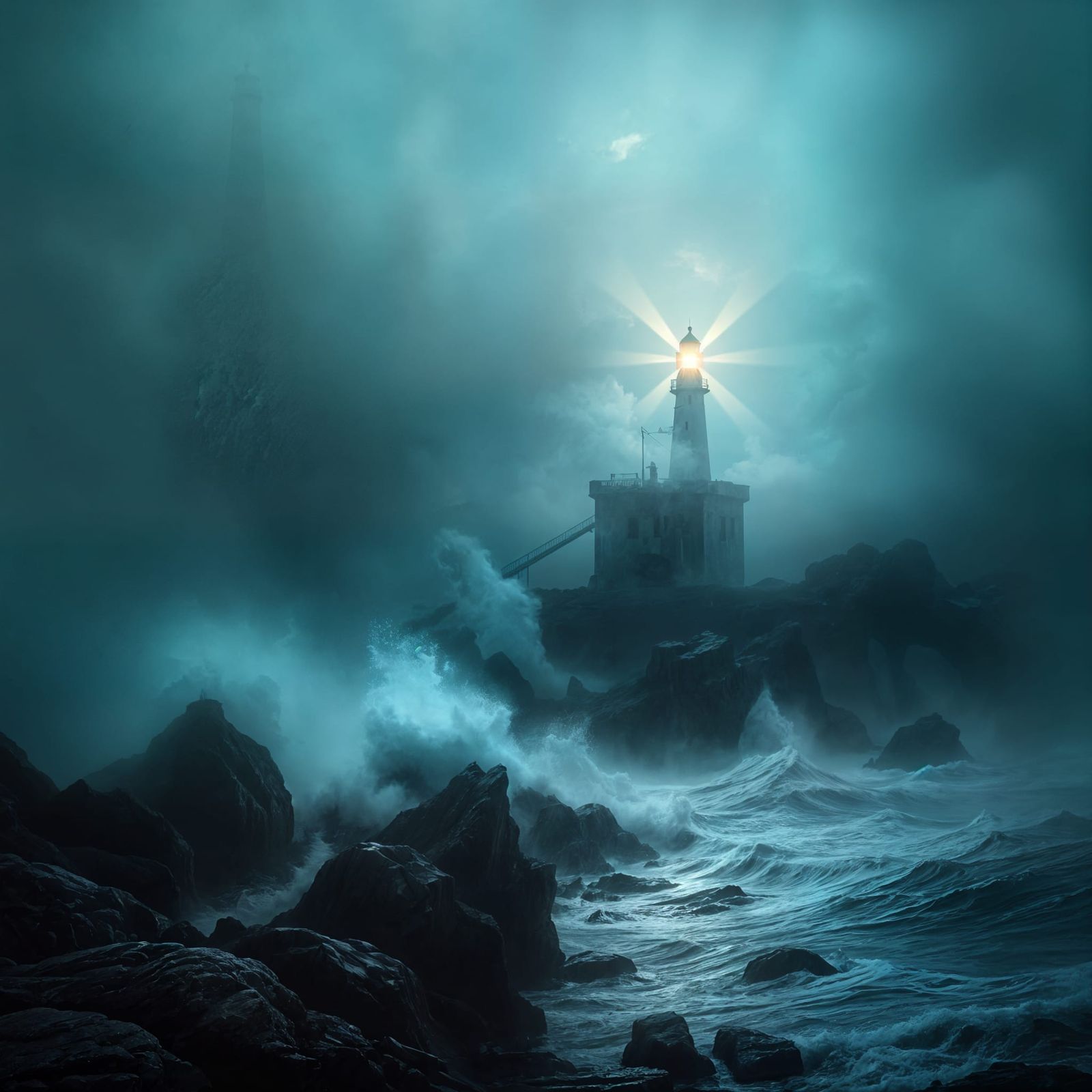 Lighthouse in Swirling Mist, Romantic Seascape