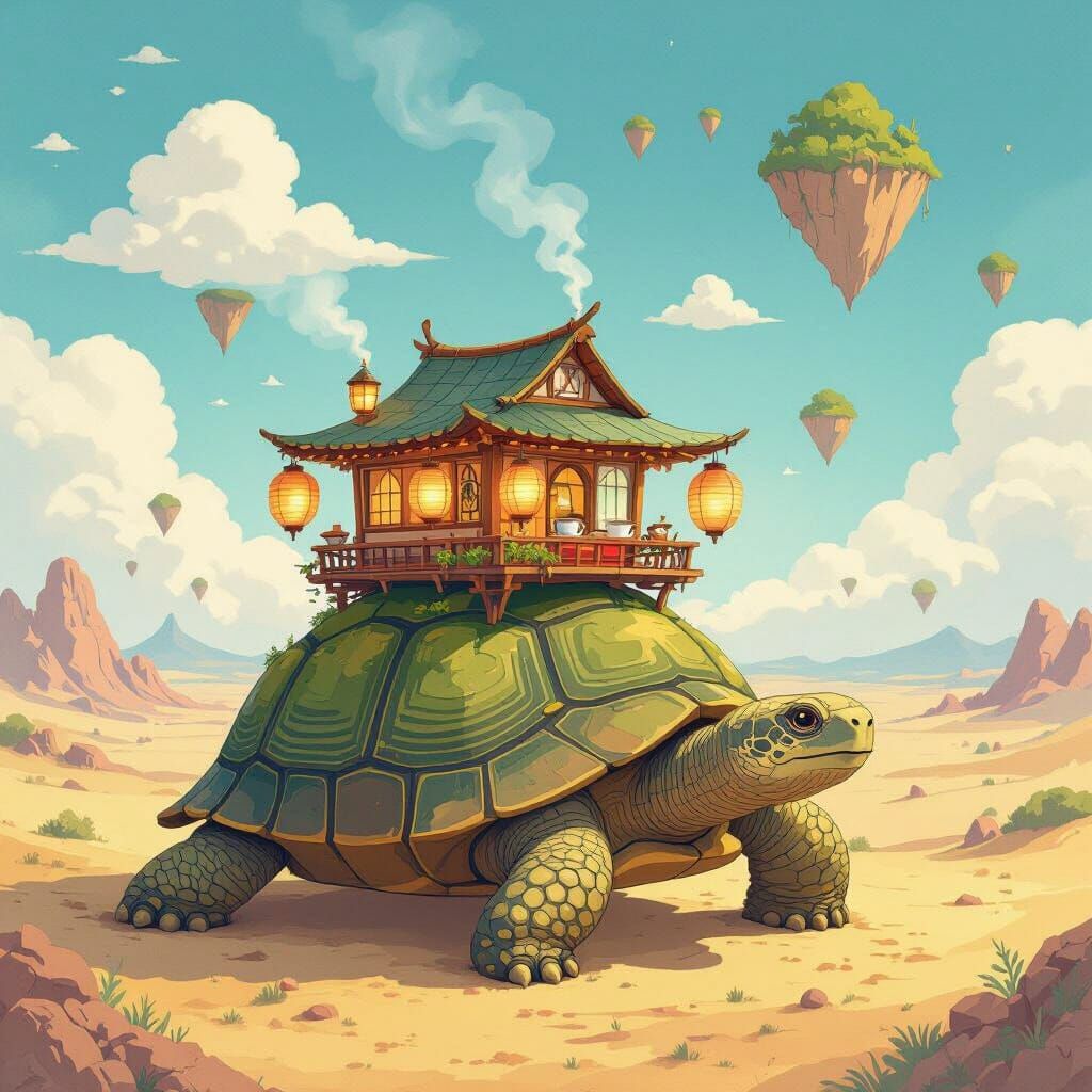 Fantasy Teahouse on Giant Tortoise in Surreal Desert